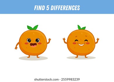 Find 5 differences between two pictures of cute orange. Cartoon citrus with arms and legs. Educational logical game for children. Vector illustration