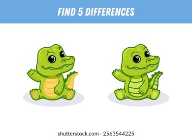 Find 5 differences between two pictures of cute crocodile. Cartoon animal. Educational logical game for children. Vector illustration
