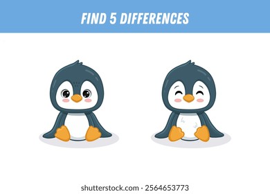 Find 5 differences between two pictures of cute penguin. Cartoon animal. Educational logical game for children. Vector illustration
