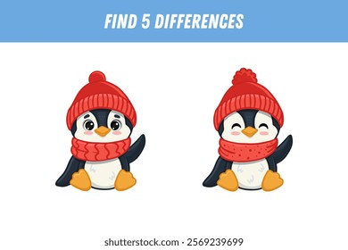 Find 5 differences between two pictures of cute penguin in red hat. Cartoon animal in flat style. Educational logical game for children. Vector illustration
