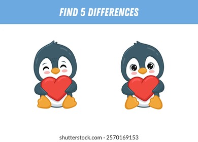 Find 5 differences between two pictures of cute penguin with red heart. Cartoon animal in flat style. Educational logical game for children. Vector 