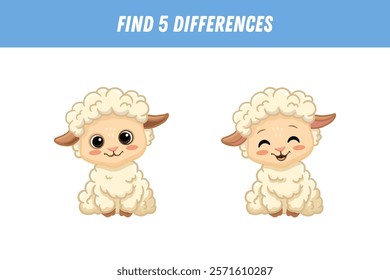 Find 5 differences between two pictures of cute sheep. Cartoon animal in flat style. Educational logical game for children. Vector illustration
