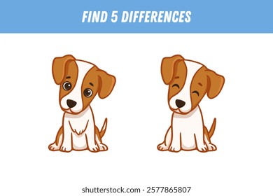 Find 5 differences between two pictures of cute cartoon dog isolated on white background. Jack russell dog in flat style. Funny animal. Activity page. Vector illustration.
