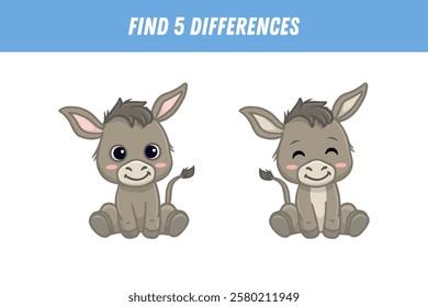 Find 5 differences between two pictures of cute cartoon donkey isolated on white background. Funny animal in flat style. Activity page. Vector illustration.
