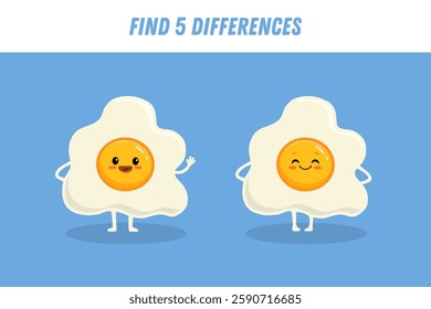 Find 5 differences between two pictures of cute fried egg. Cartoon character in flat style. Educational logical game for children. Vector illustration