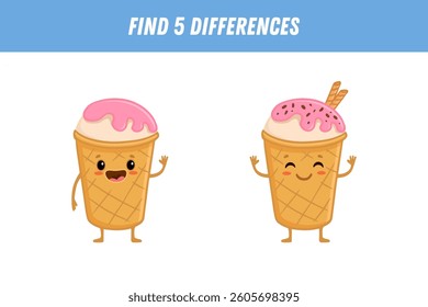 Find 5 differences between two pictures of cute ice cream. Cartoon character in flat style. Educational logical game for children. Vector illustration
