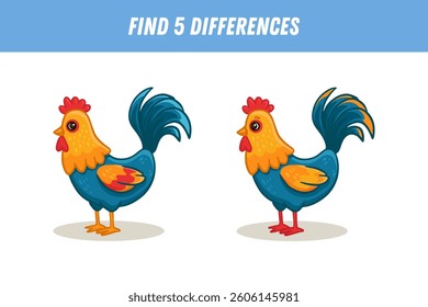Find 5 differences between two pictures of cute cartoon rooster isolated on white background. Funny bird in flat style. Activity page. Vector illustration.