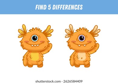 Find 5 differences between two pictures of funny orange monster. Cute alien. Vector illustration