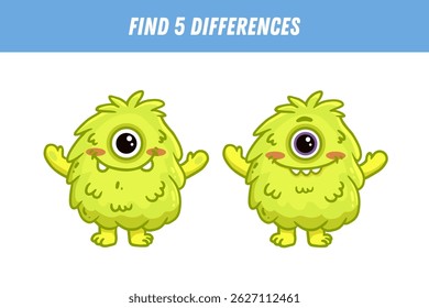 Find 5 differences between two pictures of funny green monster. Cute alien. Vector illustration