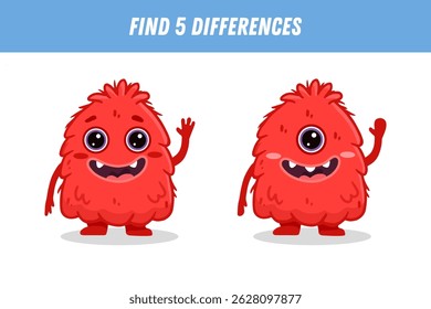 Find 5 differences between two pictures of funny red monster. Cute alien. Vector illustration
