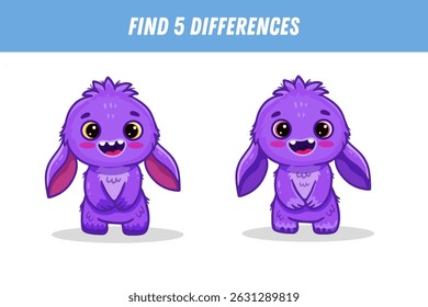 Find 5 differences between two pictures of funny purple monster. Cute alien. Vector illustration
