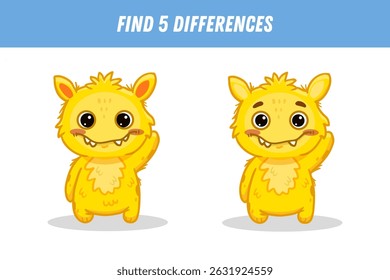 Encontre 5 diferenças entre duas fotos de monstro amarelo engraçado. Um alienígena bonito. Ilustração vetorial