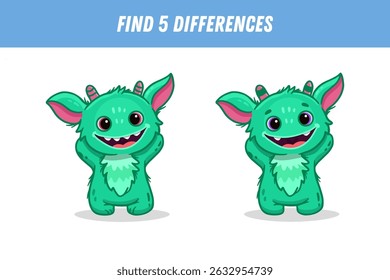 Find 5 differences between two pictures of funny monster. Cute alien. Vector illustration
