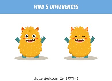 Find 5 differences between two pictures of funny yellow monster. Cute alien. Vector illustration