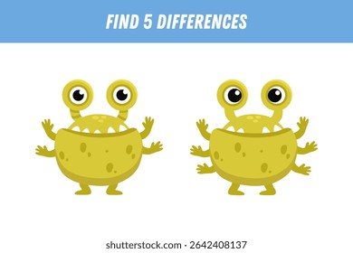 Find 5 differences between two pictures of funny green monster. Cute alien. Vector illustration 