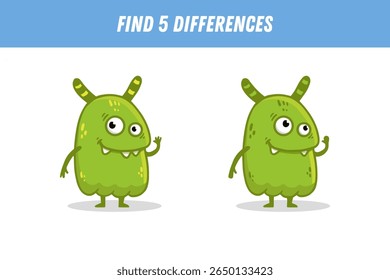 Find 5 differences between two pictures of funny green monster. Cute alien. Vector illustration