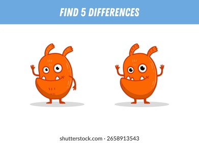Encontre 5 diferenças entre duas fotos de monstro laranja engraçado. Um alienígena bonito. Ilustração vetorial
