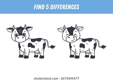 Find 5 differences between two pictures of funny cartoon cow. Cute cow. Vector illustration
