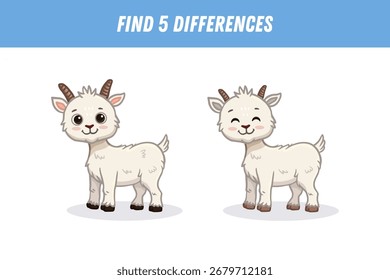 Find 5 differences between two pictures of funny cartoon goat. Cute goat. Vector illustration
