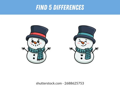 Find 5 differences between two pictures of cute snowman in scarf and hat. Cute snowman in doodle style. Activity page. Christmas game. Vector