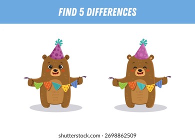 Find 5 differences between two pictures of cute bear with gift. Cute bear in flat style. Activity page. Game for kids. Vector
