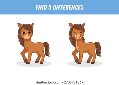 Find 5 differences between two pictures of cute cartoon horse isolated on white background. Funny animal in flat style. Activity page. Vector
