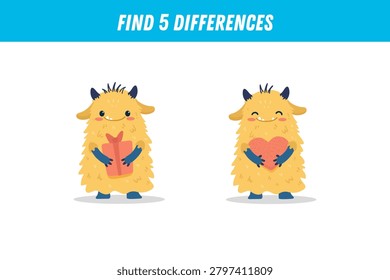 Find 5 differences between two pictures of funny yellow monster. Cute alien. Vector illustration