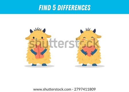 Find 5 differences between two pictures of funny yellow monster. Cute alien. Vector illustration