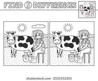 Find 5 differences black and white activity page for kids with cute girl and cow. Farm game in outline for coloring. Great for school and preschool. Vector illustration