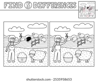 Find 5 differences black and white activity page for kids with a cute girl farmer and a sheep. Puzzle game in outline with a farm character. Vector illustration