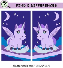 Find 5 differences. Cartoon character unicorn pony on night background. Educational logical game for children. Vector illustration.