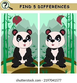 Find 5 differences. Cartoon character panda bearin bamboo forest. Educational logical game for children. Vector illustration.