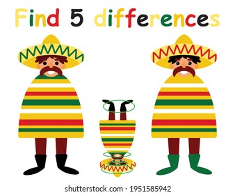 Find 5 differences cartoon game for kids stock vector illustration. Happy Cinco de Mayo activity page with answer for children. Find and mark 5 differences of two mexican men in sombreros and ponchos