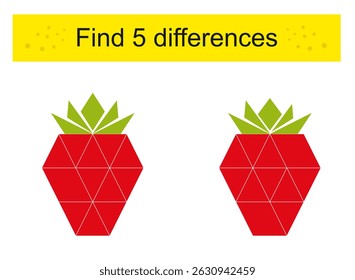 Encontre 5 diferenças. Morangos de desenhos animados. Jogo de quebra-cabeça de lógica para crianças. Atividade de planilha pré-escolar.