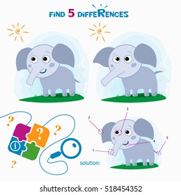 Find 5 differences. Cartoon Vector Illustration of Finding Differences Educational Activity Task for Children with cute elephant.