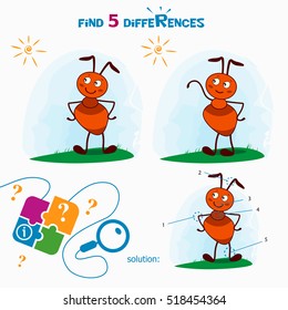 Find 5 differences. Cartoon Vector Illustration of Finding Differences Educational Activity Task for Children with cute ant.