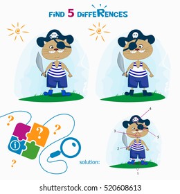 Find 5 differences. Cartoon Vector Illustration of Finding Differences Educational Activity Task for Children with cute cat pirate.