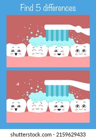 Encuentra 5 diferencias - juego educativo infantil con dientes y cepillo de dientes. Ilustración del vector