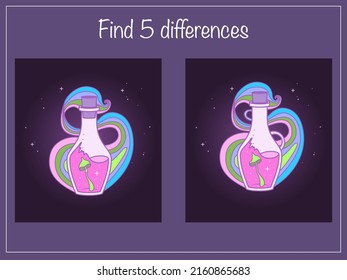 Find 5 differences - children educational game with magic bottles with witch's potion. Vector illustration