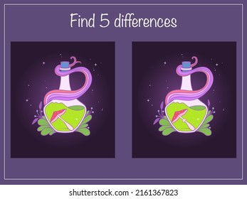 Find 5 differences - children educational game with magic bottles with witch's potion. Vector illustration