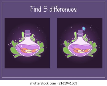 Find 5 differences - children educational game with magic bottles with witch's potion. Vector illustration