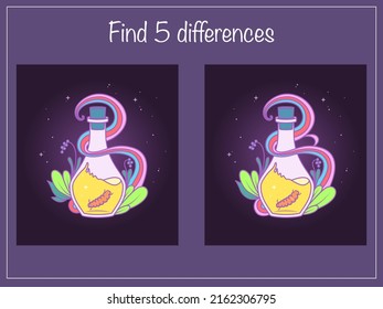 Find 5 differences - children educational game with magic bottles with witch's potion. Vector illustration