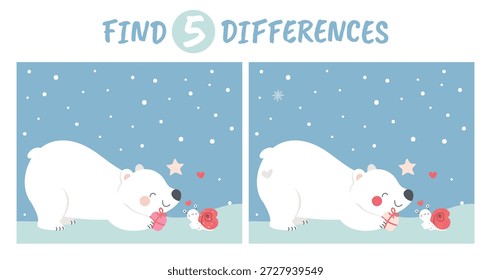 Encontrar 5 diferencias de los niños juego. Plantilla de juego educativo con el oso polar lindo y el caracol pequeño en amor. Romántico y amistad, escena de Vector de animales