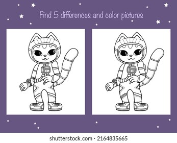 Find 5 differences and color - children educational game. Coloring book page with cute little cat astronaut. Vector illustration
