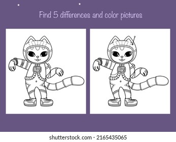 Find 5 differences and color - children educational game. Coloring book page with cute little cat astronaut. Vector illustration