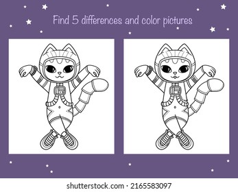 Find 5 differences and color - children educational game. Coloring book page with cute little cat astronaut. Vector illustration