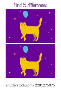 Find 5 differences and color - children educational game with cute cat with balloon. Vector illustration