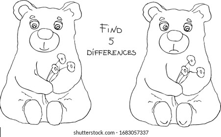 Encuentre 5 diferencias e ilustraciones de color, oso con flores pintando para pequeños juegos infantiles, pequeño enigma para niños de 3 a 6 años de edad, nivel fácil 