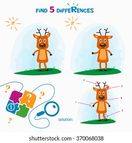 Find 5 differences. Cute deers. Cartoon Vector Illustration.
