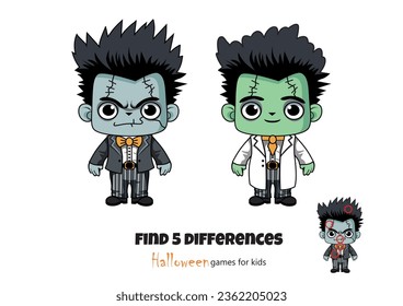 Find 5 differences, cute Frankinstein, Halloween party, Mini games for children. Mini games for preschoolers, developmental and educational games for kids. Black and white